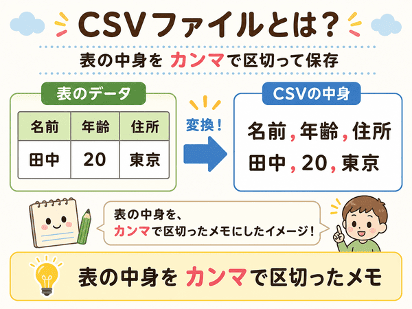 CSVファイルを表のデータをカンマで区切って保存する形式として説明した図解