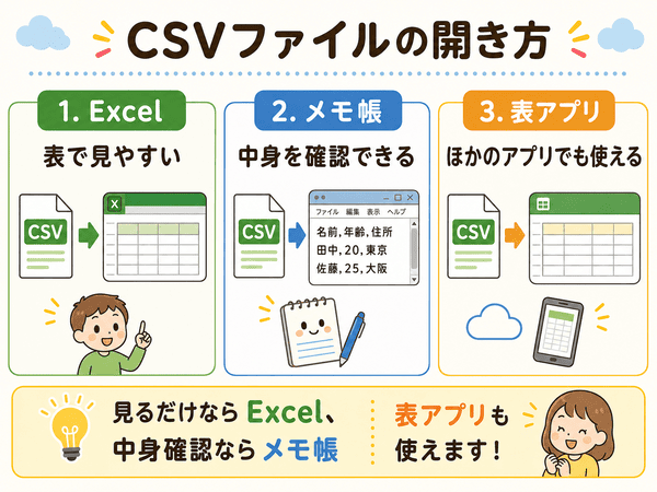 CSVファイルをExcelやメモ帳や表アプリで開く方法を説明した図解