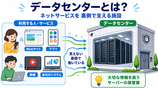 データセンターとはWebサイトやアプリや動画サービスを裏側で支える施設であることを説明した図