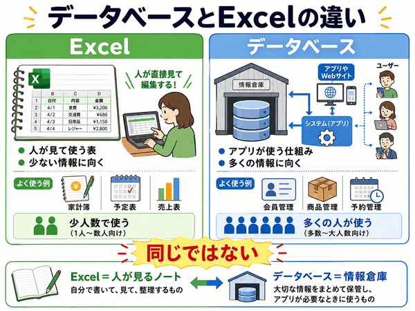 データベースとExcelの違いを初心者向けに比較した図解