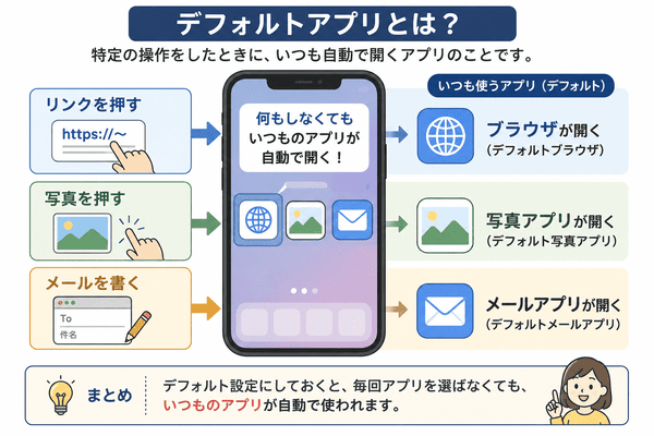 デフォルトアプリやデフォルトブラウザがいつも使われるアプリであることを説明した図解