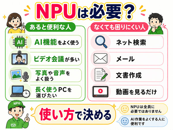 NPU搭載PCが必要な人と必要ない人の違いを初心者向けに説明した図解