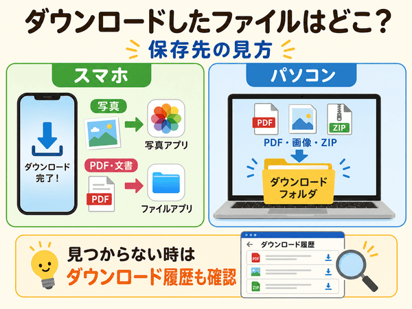 ダウンロードしたファイルの保存先をスマホとパソコンで説明した図解