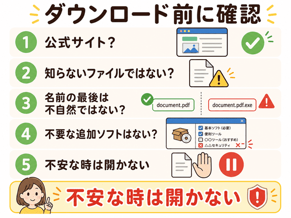 ダウンロードする時の注意点を安全チェックとして説明した図解