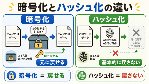 暗号化とハッシュ化の違いを元に戻せるかどうかで説明した図