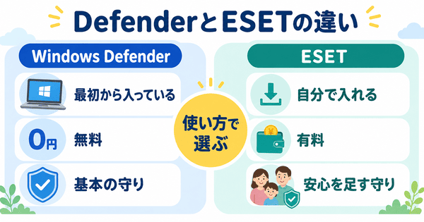 ESETとWindows Defenderの違いを無料の基本の守りと有料で安心を足す守りとして比較した図解