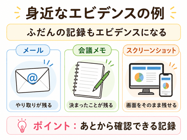 メール、会議メモ、スクリーンショットなど身近なエビデンスの例を示した図