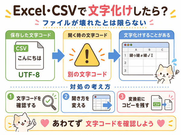 ExcelやCSVで文字化けが起きる理由と確認方法を説明した図解