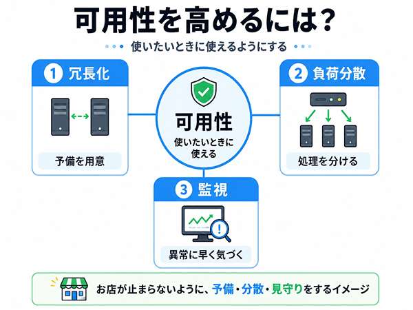 可用性を高めるための冗長化、負荷分散、監視の関係を示した図