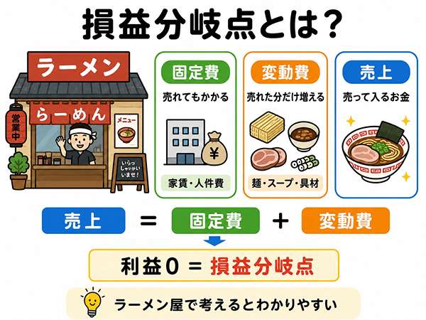 損益分岐点をラーメン屋の固定費と変動費で説明した図