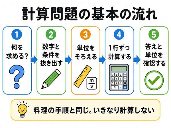 基本情報の計算問題を解く基本の流れを5ステップで示した図