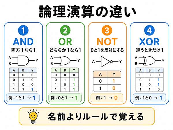 AND、OR、NOT、XORの違いを初心者向けにまとめた図