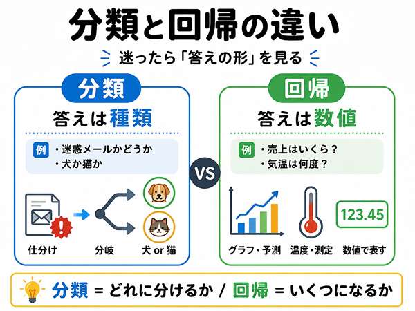 分類と回帰の違いを答えの形で比較した図