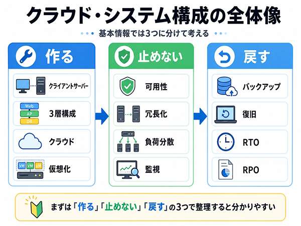 基本情報のクラウド・システム構成の全体像を作る・止めない・戻すの3つに分けて示した図