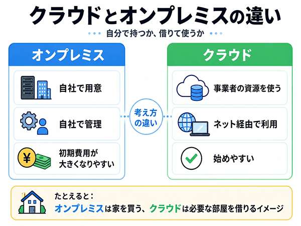オンプレミスとクラウドの違いを自社で持つか借りて使うかで比較した図