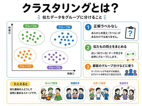 クラスタリングの意味を似たデータのグループ分けで示した図
