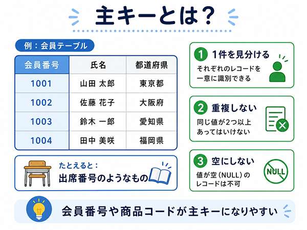 主キーの役割と条件を示した図