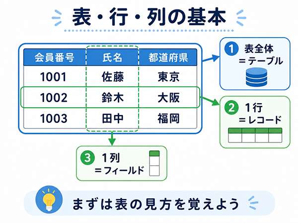 テーブルとレコードとフィールドの違いを示した図