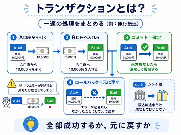 トランザクションとコミットとロールバックの流れを示した図