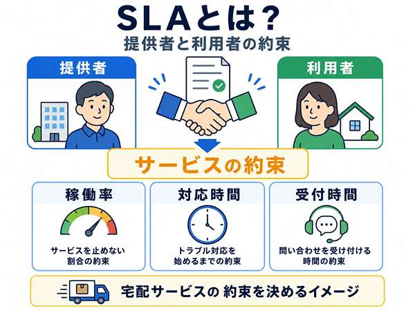 SLAの意味を示した図。サービス提供者と利用者の間で稼働率や対応時間を合意することを説明している