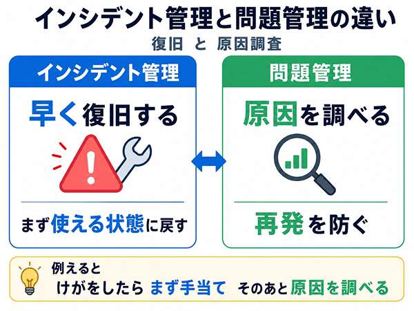 インシデント管理と問題管理の違いを比較した図。復旧を優先する管理と原因調査を行う管理を示している