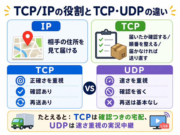 IPとTCPの役割およびTCPとUDPの違いを比較した初心者向けの図