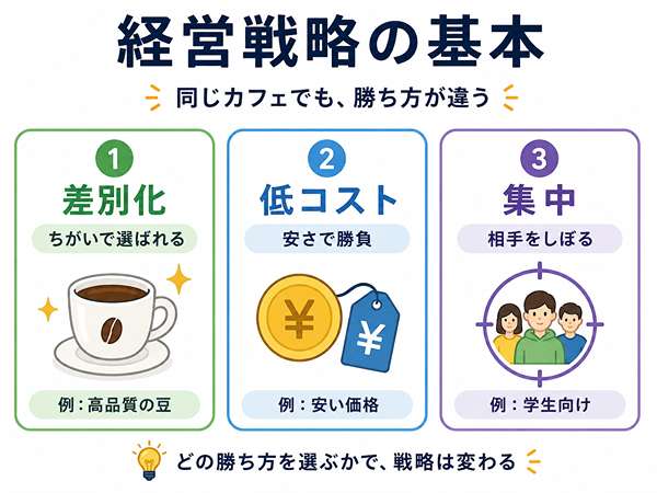 差別化戦略と低コスト戦略と集中戦略の違いを示した図