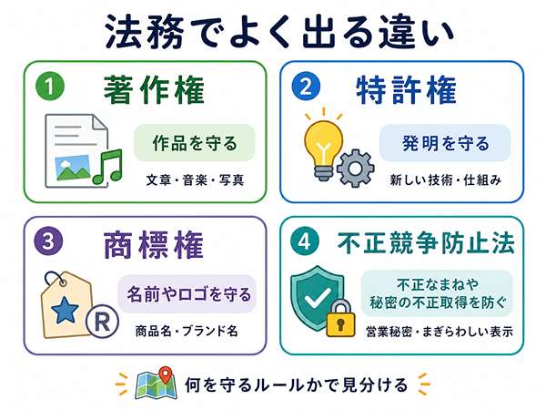 著作権・特許権・商標権・不正競争防止法の違いを示した図