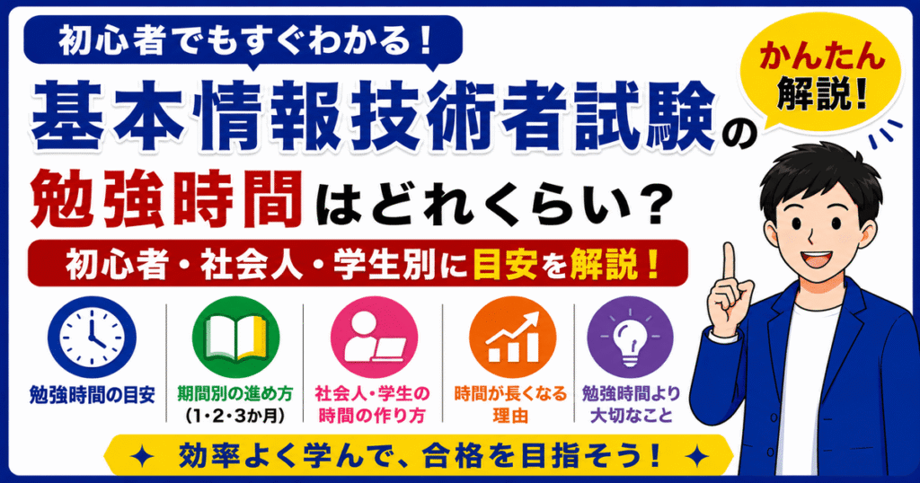 基本情報技術者試験の勉強時間を初心者や社会人や学生別に説明した図解