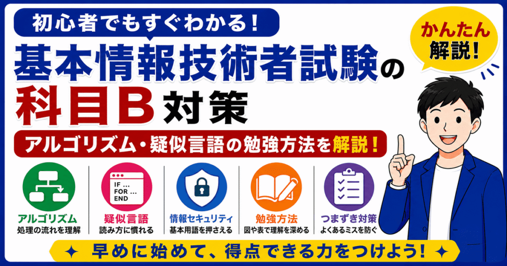 基本情報技術者試験の科目B対策としてアルゴリズムと疑似言語の勉強方法を説明した図解
