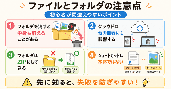 ファイルとフォルダで初心者が間違えやすい注意点を説明した図解