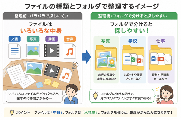 文書や写真や動画などのファイルをフォルダで整理する様子を説明した図解