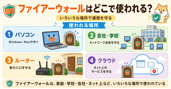ファイアーウォールがパソコンや会社やルーターやクラウドで使われることを説明した図解