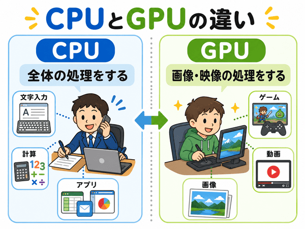 CPUは全体の処理を担当しGPUは画像や映像の処理を担当する違いを説明した図解