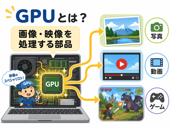 GPUは画像や映像の処理が得意な部品であることを説明した図解