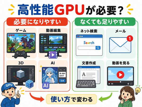 高性能なGPUが必要な使い方と高性能なGPUがなくても足りる使い方を比較した図解