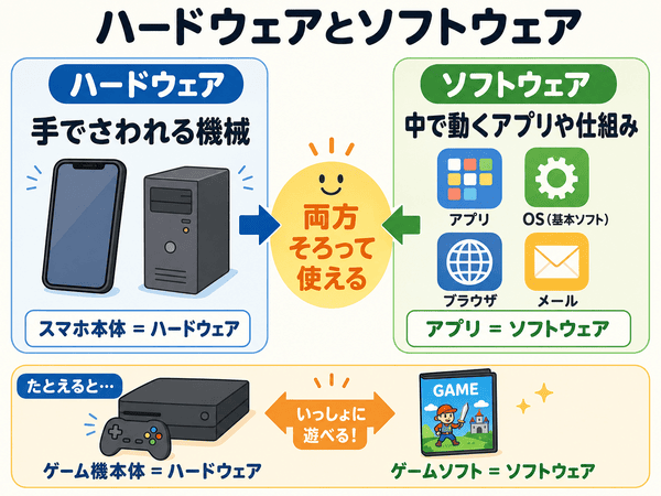 ハードウェアとソフトウェアの違いを初心者向けに説明した図解