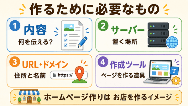 ホームページを作るために必要な内容とサーバーとURLやドメインと作成ツールを説明した図解