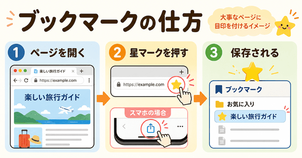 ブックマークの仕方をページを開いて星マークから保存する流れで説明した図解