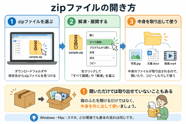 zipファイルを解凍して中身を取り出す流れを説明した図