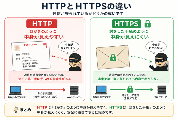 HTTPとHTTPSの違いをはがきと封をした手紙の例で説明した図