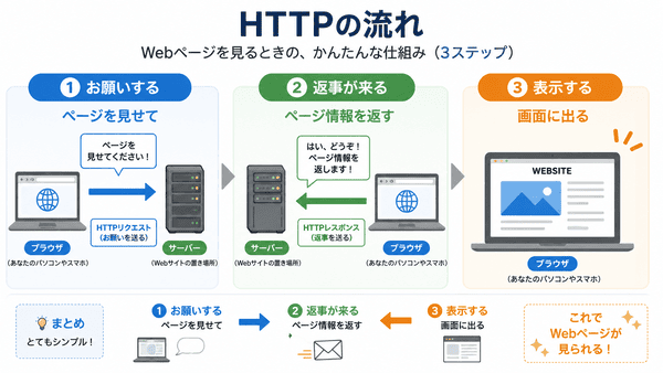 HTTPの仕組みをお願いする、返事が来る、表示するの3ステップで説明した図