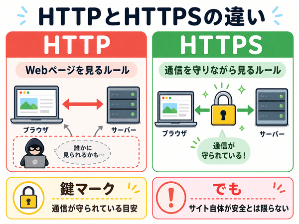 HTTPとHTTPSの違いと鍵マークの意味を初心者向けに説明した図解