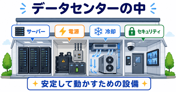 データセンターの中にあるサーバーや電源や冷却やセキュリティ設備を説明した図