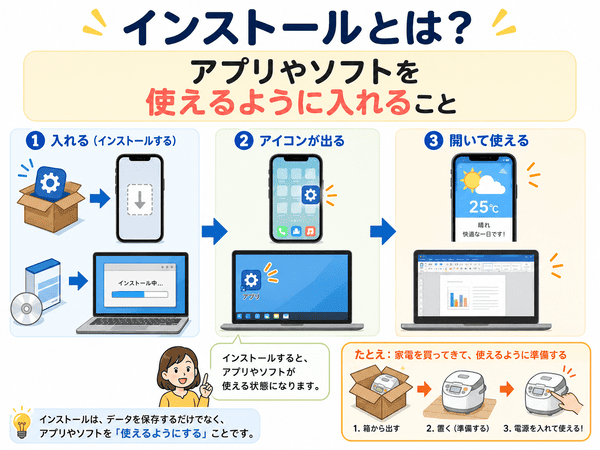 インストールとはアプリやソフトを使えるように入れることだと説明した図