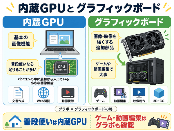 内蔵GPUとグラフィックボードの違いを初心者向けに説明した図解