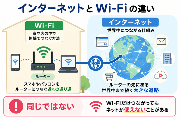 インターネットとWi-Fiの違いを初心者向けに説明した図解