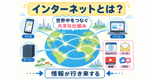 インターネットを世界中の機器をつなぐ大きな仕組みとして説明した図解