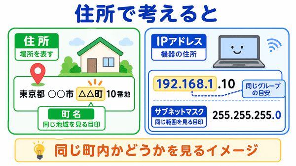 IPアドレスを住所にたとえてサブネットマスクとの関係を説明した図