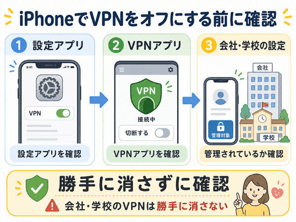iPhoneでVPNをオフにする前に確認する場所を説明した図解